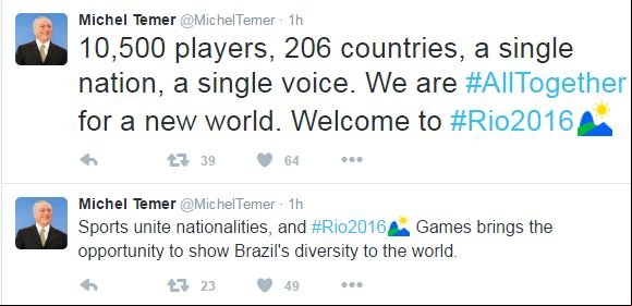Pelo Twitter, presidente interino deu boas-vindas a atletas da Rio 2016